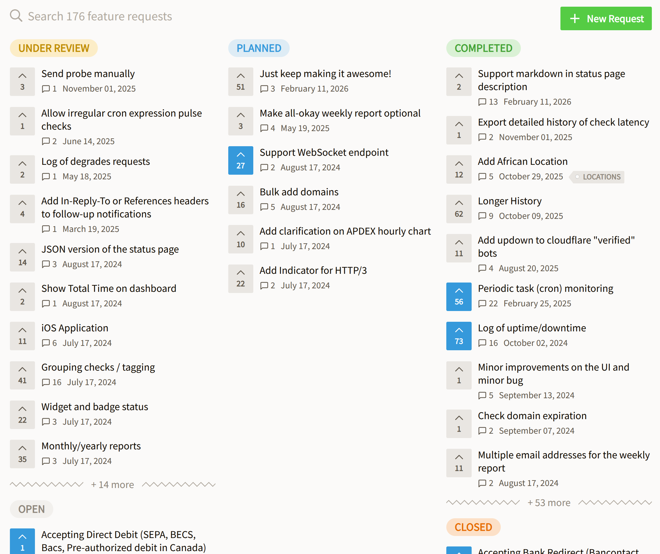 Screenshot of the new feature board